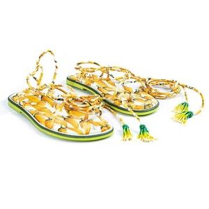 Farm Rio Off White Yellow Green Peppers Lace Up Beaded Flat Sandal Flip Flops